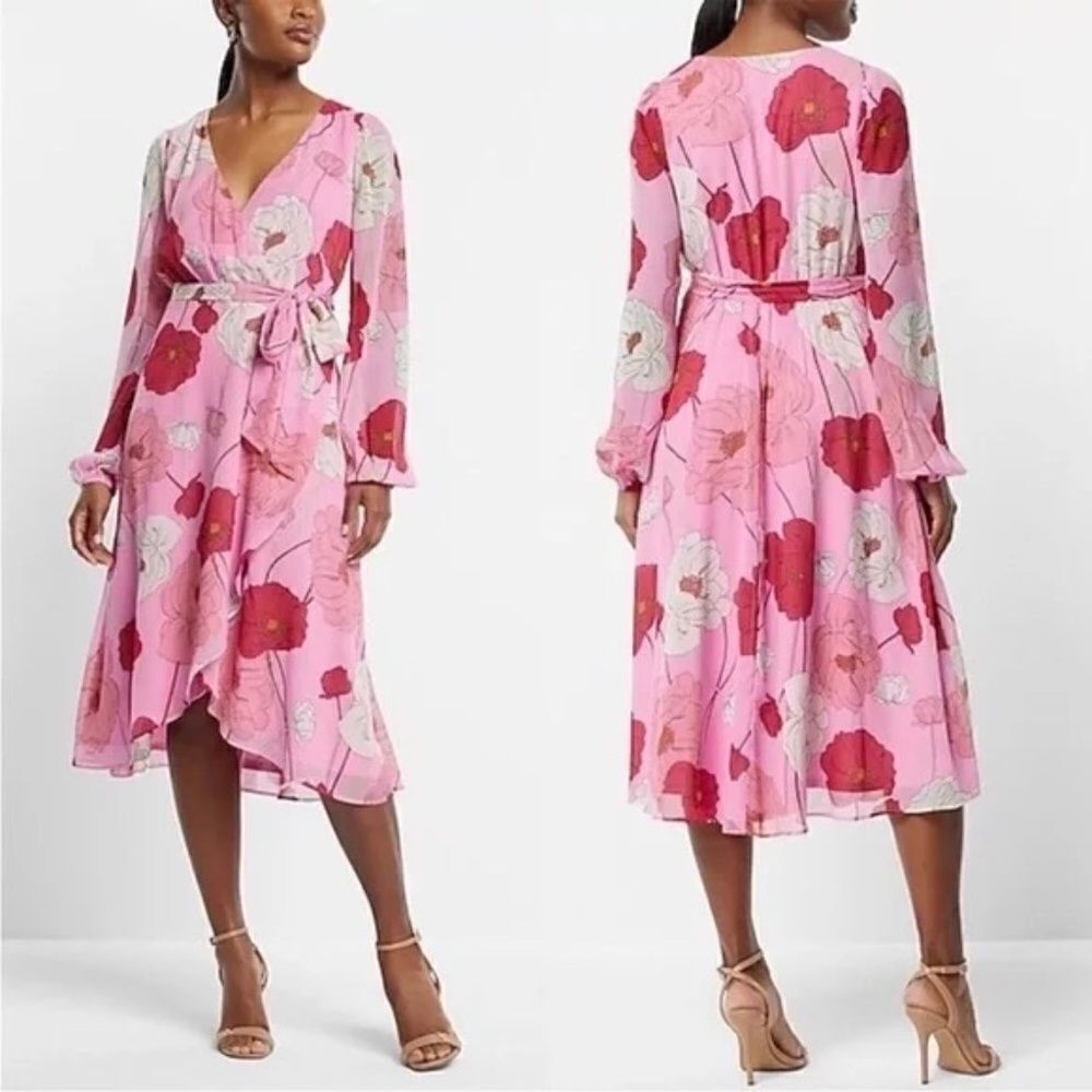 NWT Express Pink Floral Faux Wrap Tie Waist Midi Dress Size S
